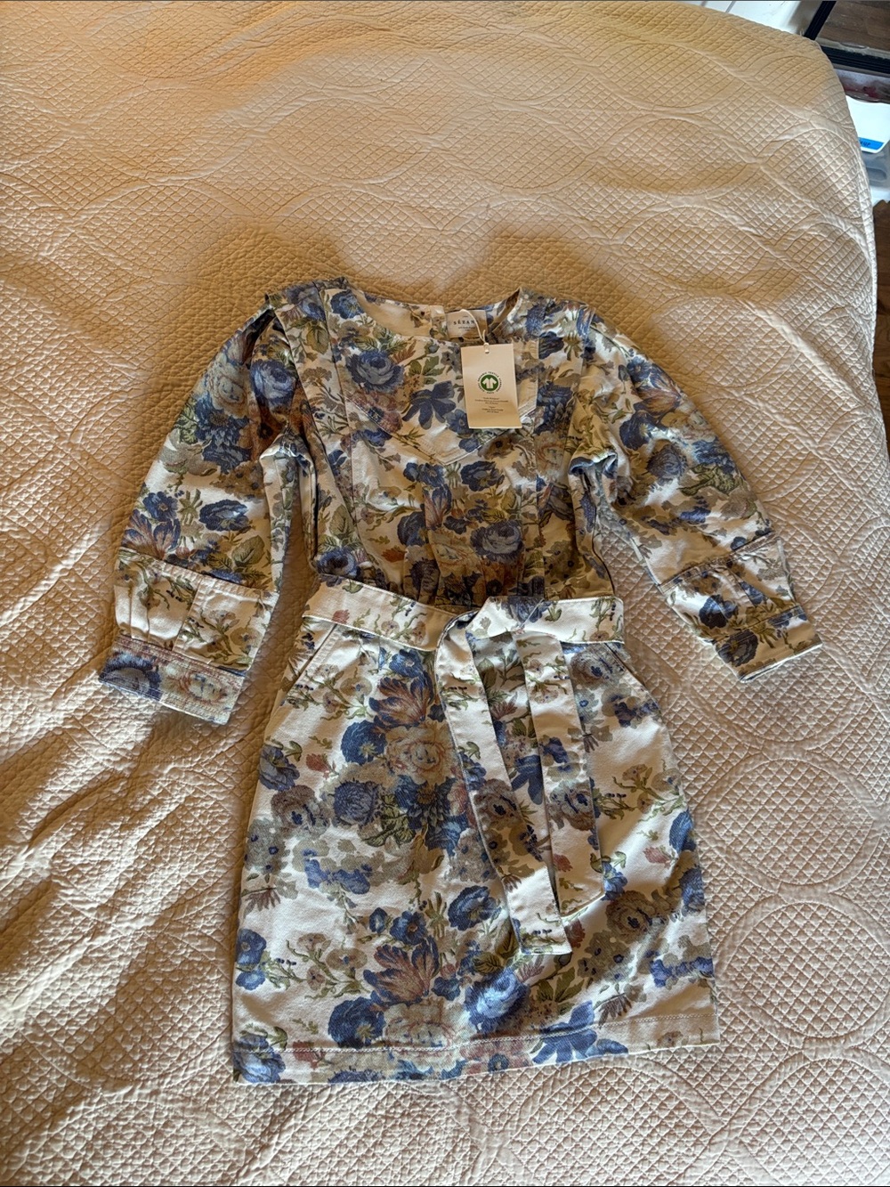 Sézane Cream Mini Dress with Blue and Green Floral Print - Picture 2 of 6
